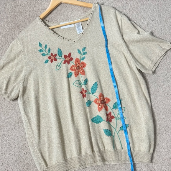 Alfred Dunner Sweater Short Sleeve Cotton Blend Fall Flower Embellished Size XL - Picture 8 of 12